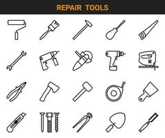 reeks van 20 vector schets pictogrammen Aan de thema van bouw en reparatie hulpmiddelen, zo net zo verf rol, borstel, hamer, schroevendraaier, zaag, oefening, enz.