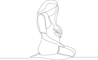 doorlopend een lijn tekening van gelukkig zwanger vrouw zittend met groot buik. vector illustratie.