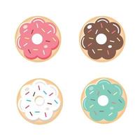 donut vector set geïsoleerd op een witte achtergrond. bovenaanzicht donuts collectie in glazuur met witte chocolade, aardbei, munt en chocolate.flat ontwerp illustratie. leuke cartoonsnoepjes en desserts.