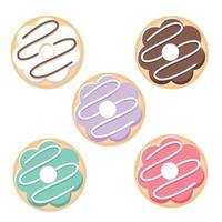 donut vector set geïsoleerd op een witte achtergrond. bovenaanzicht donuts collectie in glazuur met witte chocolade, aardbei, munt en chocolate.flat ontwerp illustratie. leuke cartoonsnoepjes en desserts.