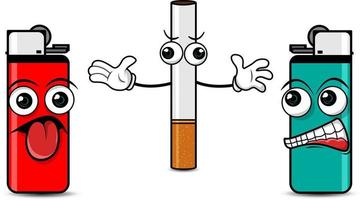 tekenfilm van twee gas- aanstekers botsen en wezen gescheiden door een sigaret Aan een wit achtergrond. vector illustratie.