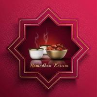 Ramadan kareem groet kaart. iftar partij viering met traditioneel koffie kop en kom van datums vector