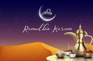 Ramadan kareem achtergrond. iftar partij met traditioneel koffie pot, droog datums Aan houten tafel