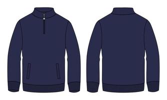 lang mouw jasje sweater met zak- en rits technisch mode vlak schetsen vector illustratie marine kleur sjabloon voorkant en terug keer bekeken.