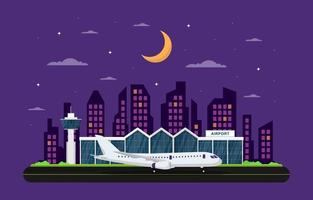 vliegtuig vliegtuig in landingsbaan luchthaven terminal gebouw landschap skyline illustratie vector