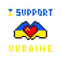 ik ondersteuning Oekraïne pixel kunst. blauw geel handen houden hart roeping voor helpen en sympathie voor Oekraïne. hoop voor vrede en ondersteuning van de geheel vector wereld