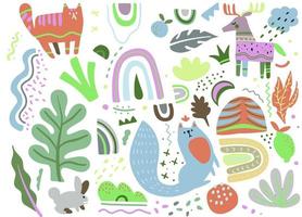 schattig hand- getrokken ontwerp inclusief abstract vos kat konijn en hert motieven van Scandinavisch natuur. vector