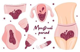 menstruatie periode met schitteren bloed. hygiëne producten. nul verspilling slipje, kussentjes, kopjes. menstruatie- bescherming, vrouwelijk hygiëne. hand- getrokken vector illustratie geïsoleerd.