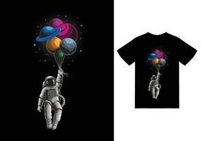 astronaut drijvend planeet ballon illustratie met t-shirt ontwerp premie vector