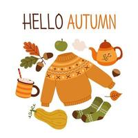 herfst hand- getrokken vector illustraties. schattig en knus ontwerp elementen en de opschrift Hallo herfst geïsoleerd Aan wit achtergrond.