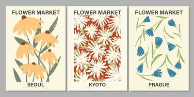 bloem markt poster set. abstract bloemen illustratie. botanisch muur kunst verzameling, wijnoogst poster stijlvol. vector illustratie