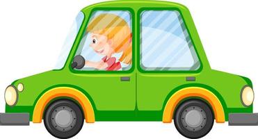 tekenfilm meisje het rijden groen auto in tekenfilm stijl vector