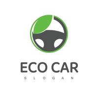 eco auto logo ontwerp sjabloon, laag emissie auto logo met groen stuurinrichting wiel icoon vector