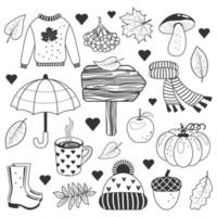 herfst monochroom verzameling. clip art reeks met herfst bladeren, pompoen, eikel, trui, hoed, sjaal, kop van heet thee, champignons en andere symbolen van val. geïsoleerd voorwerpen. vector illustratie. schets.