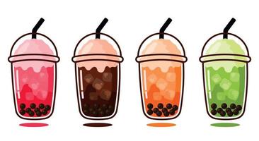 geanimeerd bevroren bubbel thee in aardbei, groen thee, chocola, Thais thee smaak reeks verzameling met ijs kubus in schattig tekenfilm vector illustratie