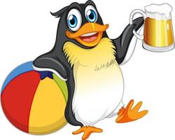 schattig pinguïn tekenfilm karakter Holding strand bal en bier vector