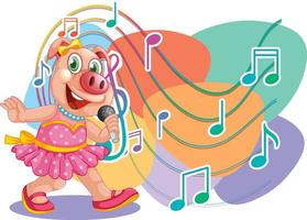 zanger piggy cartoon met muziek melodie symbolen vector