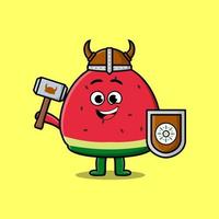 schattig tekenfilm watermeloen viking piraat houden hamer vector