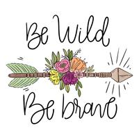 Boho pijl met bladeren, bloemen en belettering vector