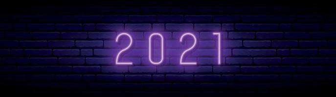 nieuwjaar 2021 neonreclame. gloeiend violet nummer 2021 op donkere bakstenen muur achtergrond. vector