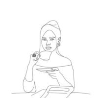 single lijn tekening, vrouw drinken koffie blijven Bij kantoor. een lijn tekening vector illustratie