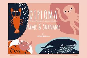 kleuterschool zee dieren diploma vector