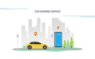 vector illustratie van auto sharing onderhoud of online vervoer concept. mensen gebruik smartphone naar bestellen online vervoer auto gebaseerd Aan GPS. modern vlak stijl ontwerp illustratie