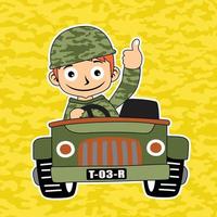 grappig soldaat het rijden leger auto Aan camouflage achtergrond, vector tekenfilm illustratie