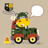 schattig nijlpaard in soldaat uniform het rijden leger auto, vector tekenfilm illustratie