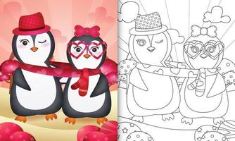 kleurboek voor kinderen met geïllustreerd schattig valentijnsdag pinguïnpaar vector