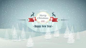 vrolijk Kerstmis en gelukkig nieuw jaar Woud winter landschap met sneeuwval en vuurwerk vector illustratie