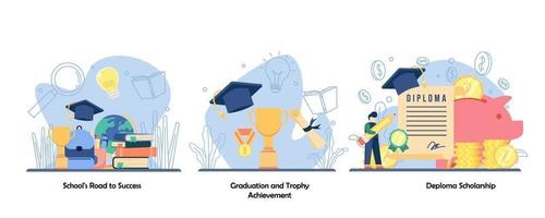 scholing, academische prestatie, beloning icon set. Schoolweg naar succes, afstuderen en trofee-prestatie, deploma-beurs. vector platte ontwerp geïsoleerde concept metafoor illustraties