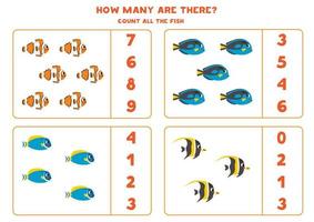 tellen spel met schattig zee vis. leerzaam werkblad. vector