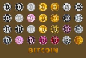 een reeks van bitcoin logos in divers metalen kleur paletten. vector illustratie.