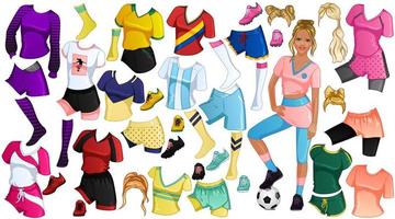voetbal papier pop met mooi vrouw, outfits, kapsels en accessoires. vector illustratie