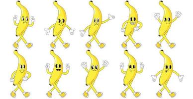 een reeks van banaan tekenfilm groovy stickers met grappig grappig karakters, gehandschoende handen. modern illustratie met poten en armen. vector