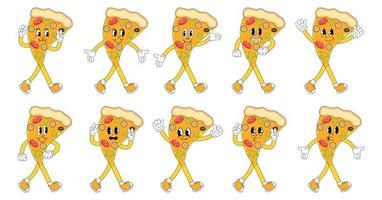 een reeks van pizza tekenfilm groovy stickers met grappig grappig karakters, gehandschoende handen. modern illustratie met poten en armen. vector
