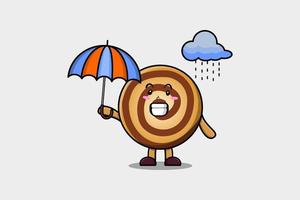 schattig tekenfilm koekjes in regen en gebruik makend van een paraplu vector