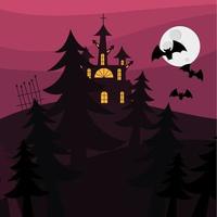 halloween spookhuis en pijnbomen bij nacht vectorontwerp vector