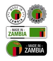 reeks van gemaakt in Zambia etiketten, logo, Zambia vlag, Zambia Product embleem vector
