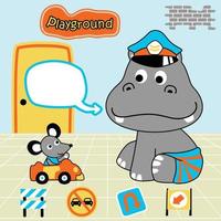 schattig nijlpaard en muizen met speelgoed, vector tekenfilm illustratie