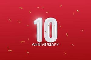 10-jarig jubileum. vectorillustratie met ballonnummer, sprankelende confetti op rode achtergrond. vector