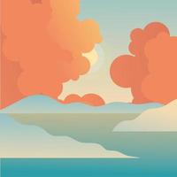 zon en oranje wolken boven zee achtergrond vector