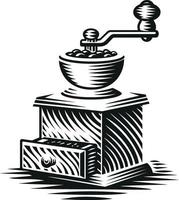 zwart-wit vectorillustratie van een vintage koffiemolen in gravurestijl vector