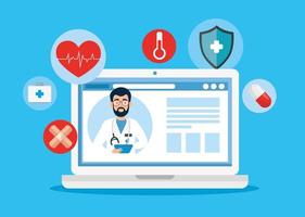 geneeskunde online technologie met laptop en pictogrammen vector