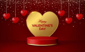 gelukkig Valentijnsdag dag 3d tafereel met rood en goud podium platform, groot gouden hart, slingers en confetti. vector