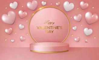 gelukkig Valentijnsdag dag 3d tafereel met roze en goud podium platform en vliegend harten. vector