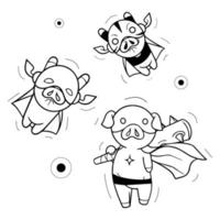 set-tekening van schattig varkens zijn cosplayen in divers voorwaarden en stijlen. super heroes en dinosaurussen cosplay vector