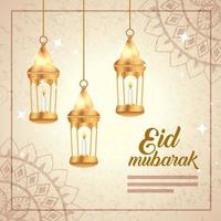 eid mubarak-poster met hangende lantaarns en decoratie vector