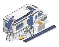 rv recreatief voertuig flexibel zonne- panelen film installeren onderhoud Aan dak technicus installatie onderhoud illustratie isometrische geïsoleerd vector